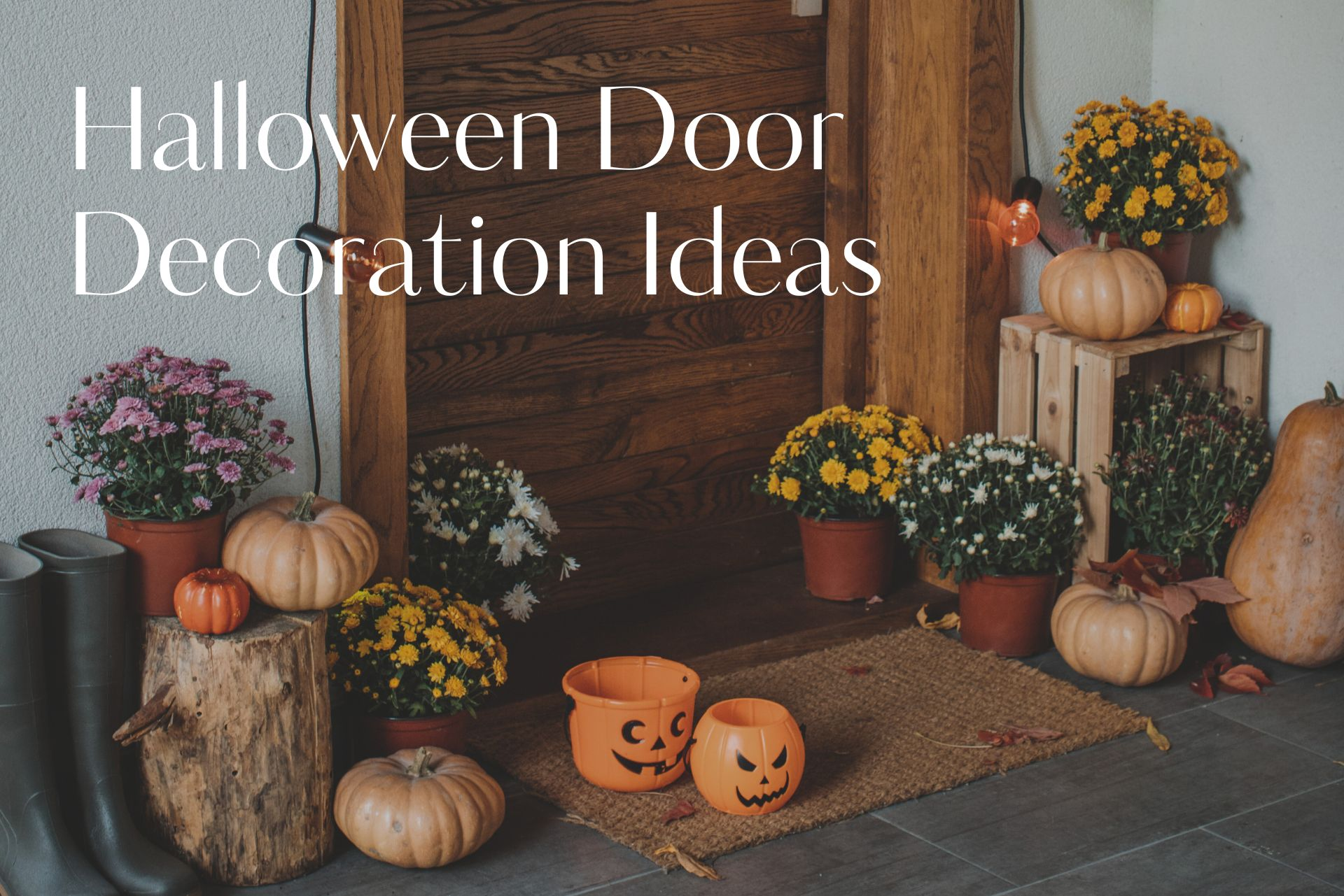 Halloween door decoration ideas with pumpkins, fall flowers, and potted mums