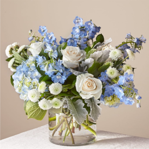 Blue Tranquility Bouquet, Elegant bouquet of blue and white flowers.