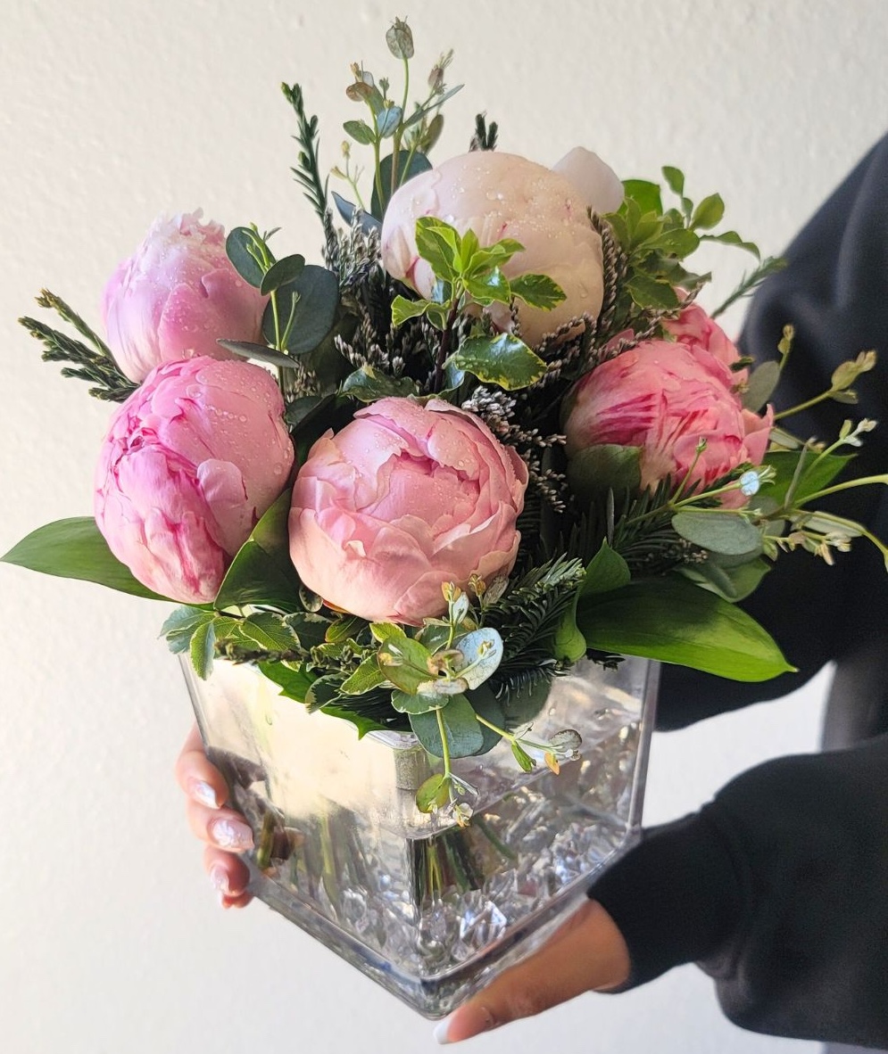 Bi-Color Pink Peonies Bouquet in a square glass vase with greenery