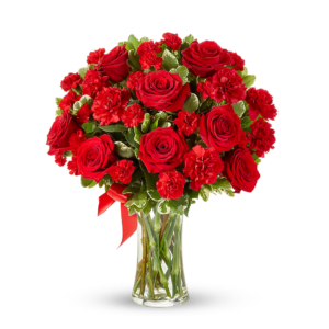Crimson Devotion Bouquet is a vibrant red roses and carnations bouquet