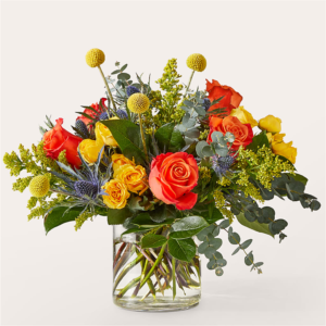 Golden Glitz Bouquet | Orange Rose & Yellow Solidago Delivery in Irvine, Colorful bouquet of mixed flowers