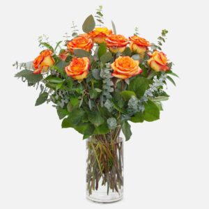 1-Dozen Bicolor Roses, Yellow and orange bicolor roses arranged with fresh greenery