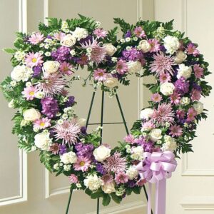 Heart Shaped Funeral Flowers – Always Remember Lavender & White Standing Tribute
