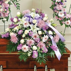 Fresh Lavender and White Half Casket Cover Funeral Arrangement – 40" Wide Spray