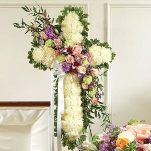 Pastel Standing Cross Funeral Spray – White & Pastel Sympathy Floral Tribute