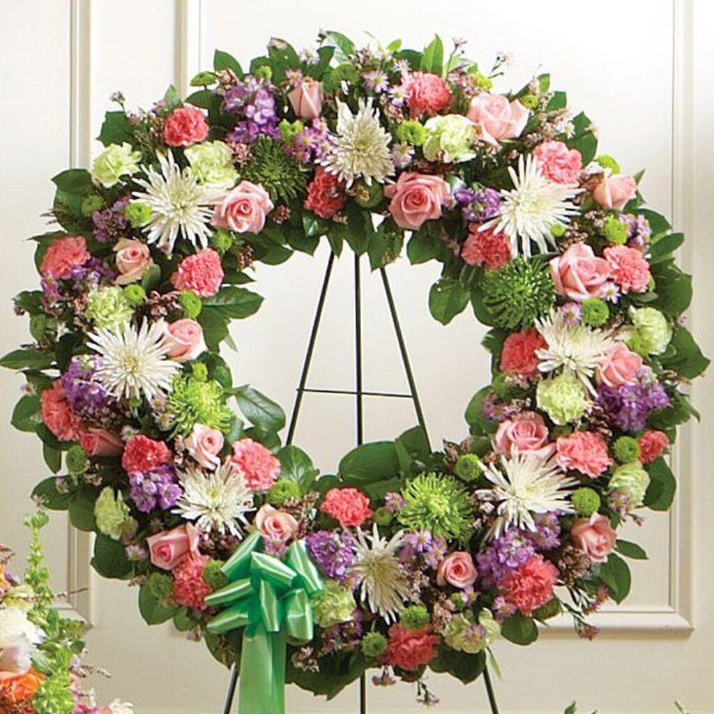 Pastel Standing Sympathy Wreath – Pink Rose Funeral Floral Arrangement