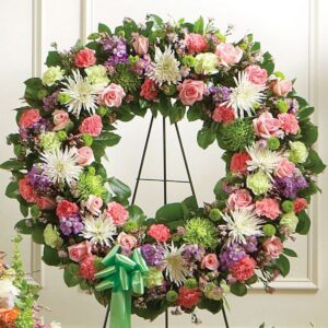 Pastel Standing Sympathy Wreath – Pink Rose Funeral Floral Arrangement