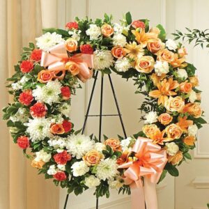 Peach & Orange Standing Funeral Wreath – Serene Blessings Sympathy Tribute
