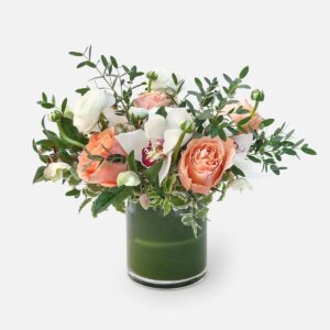 Cheerful Garden Bouquet, Peach and white floral arrangement in vase.