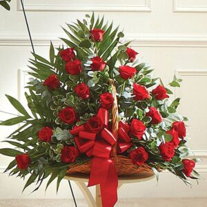 Red Rose Sympathy Fireside Basket – Two Dozen Long-Stem Rose Arrangement
