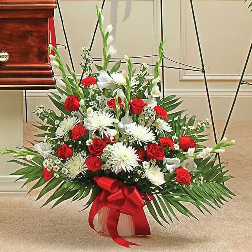 Red and White Funeral Floor Basket, Colorful floral arrangement with red roses