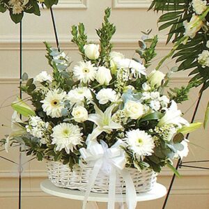 White Sympathy Basket Arrangement – Funeral Flowers with Roses & Lilies