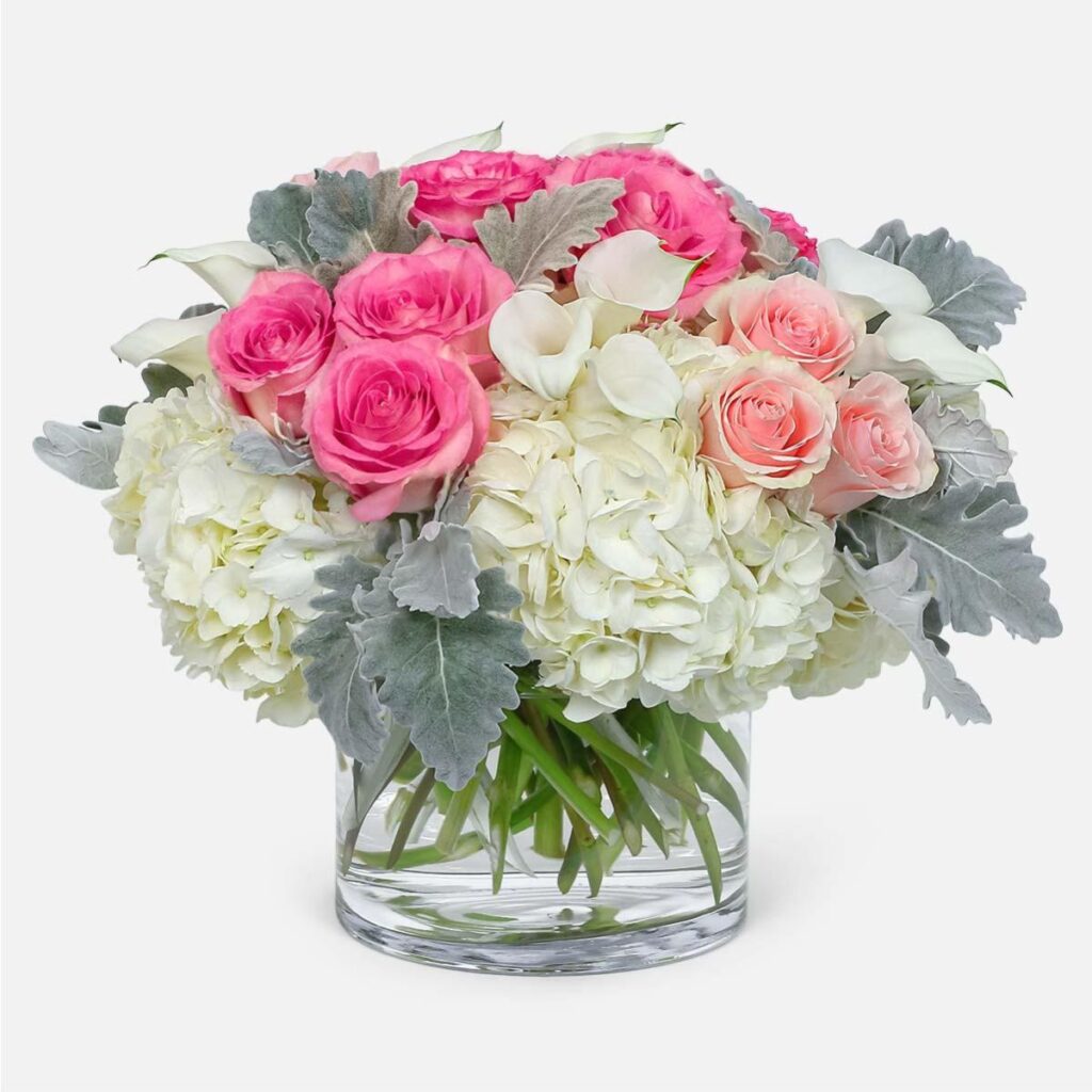 Flamingo Blush Bouquet, Colorful floral arrangement in glass vase
