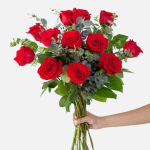 1-dozen red rose bouquet, Hand holding dozen red roses bouquet