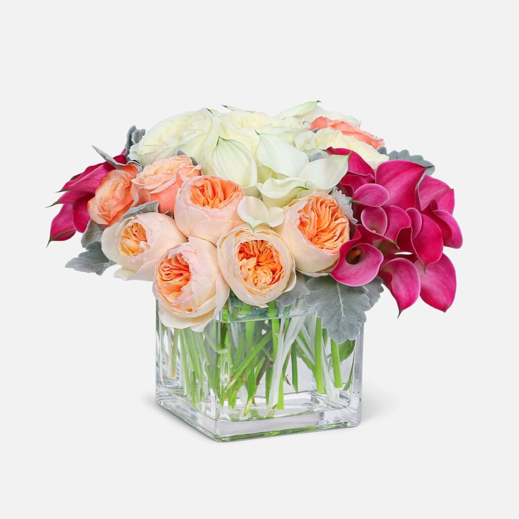 Peach Blush bouquet, Peach Blush & Orchid Cube – Garden Rose and Calla Lily Arrangement