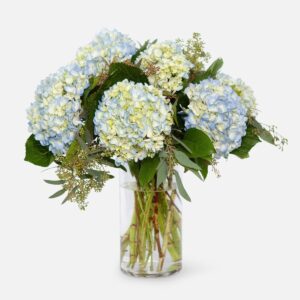 Bouquet of blue hydrangeas with greenery and eucalyptus.