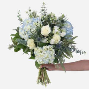 Arctic Bouquet of white flowers with frosty greenery and eucalyptus.