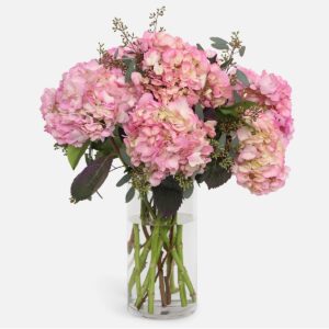 Blush Pink Hydrangea Bouquet in Glass Vase – 7 Stem Centerpiece