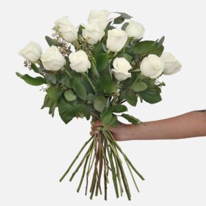Handcrafted white rose bouquet with eucalyptus accents, vase not included