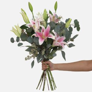 Pink lily bouquet with greenery and eucalyptus