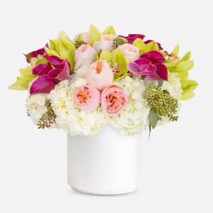 Verdant Blush Bouquet, Blush and green floral arrangement in a glass vase