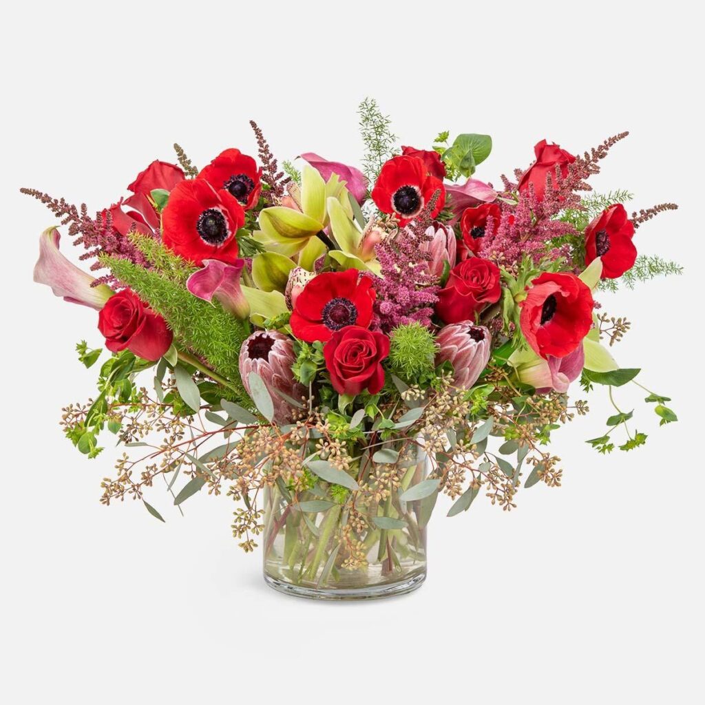 Bold Romance Bouquet, Pink Ranunculus & White Orchid Bouquet – Romantic Ceramic Vase Arrangement