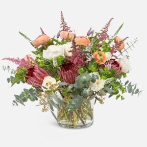 Crimson Aurora Bouquet, Colorful protea and rose flower bouquet