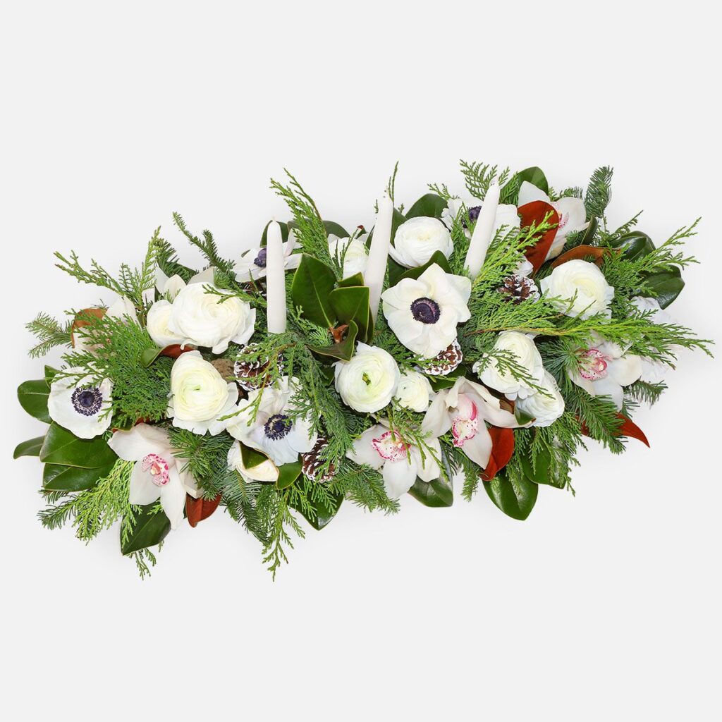 Winter Luminance Centerpiece, White holiday floral centerpiece with candles