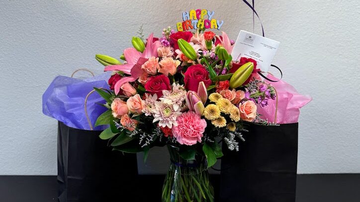 Colorful birthday flower bouquet arrangement